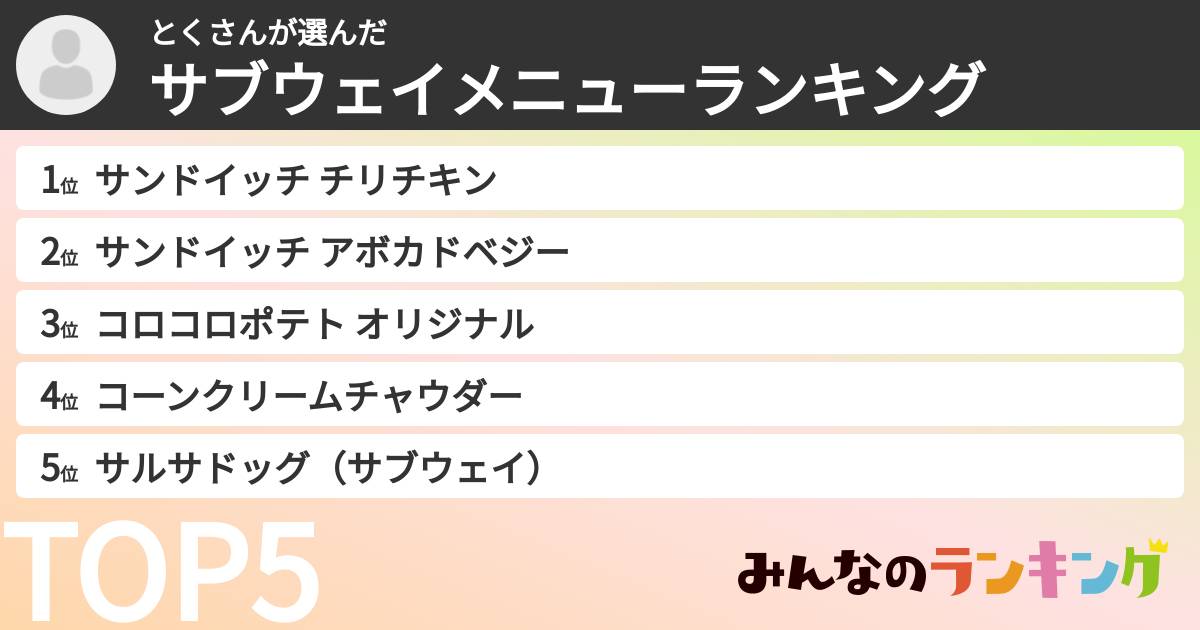 とくさんさんの「サブウェイメニューランキング」