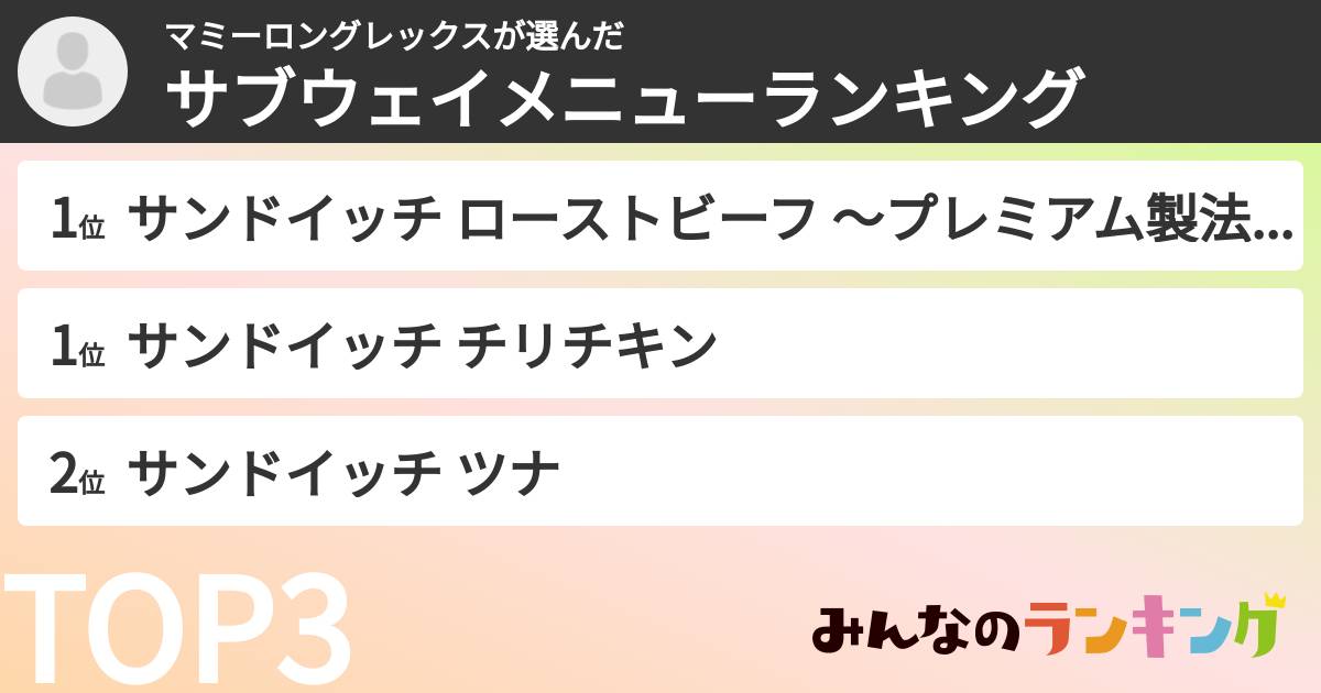 マミーロングレックスさんの「サブウェイメニューランキング」