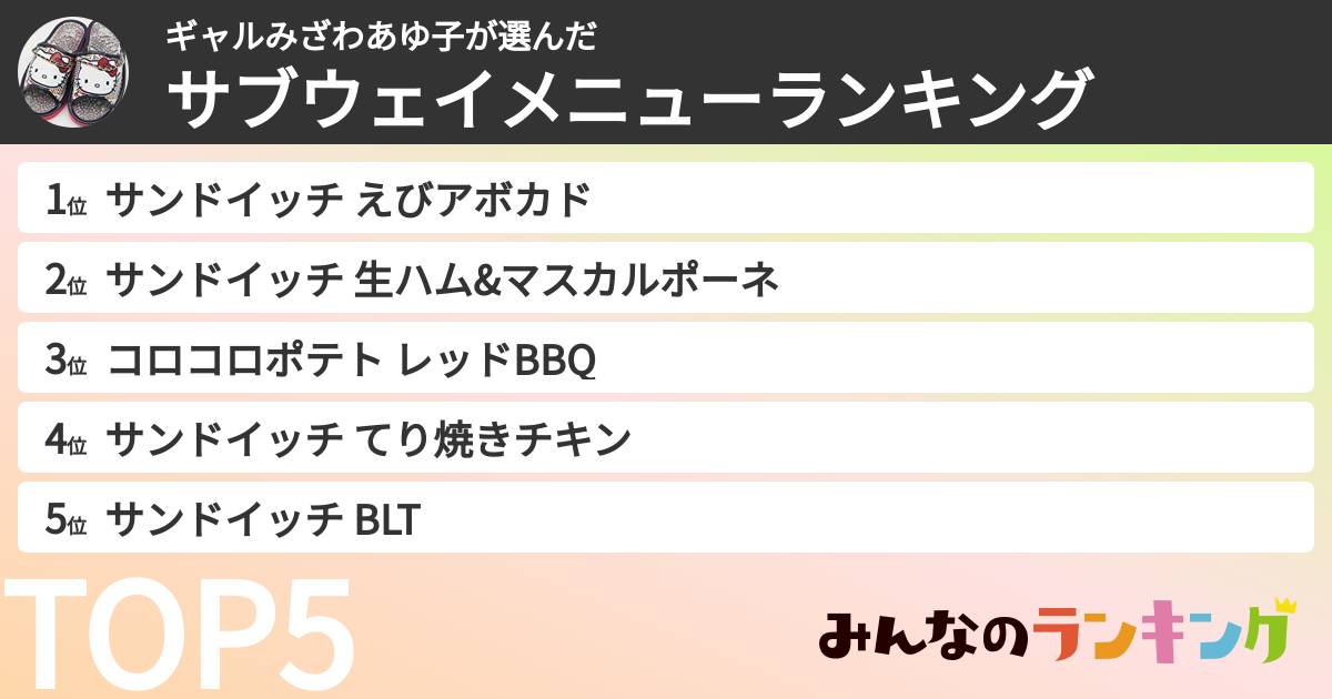 ギャルみざわあゆ子さんの「サブウェイメニューランキング」