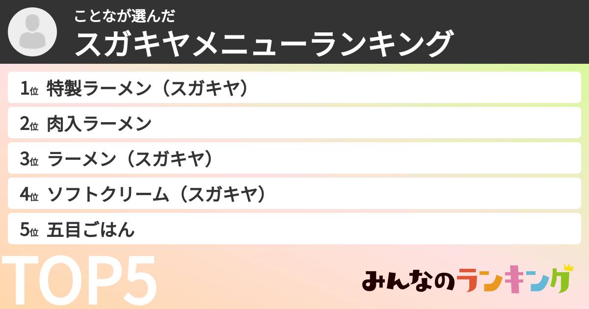 ことなさんの「スガキヤメニューランキング」