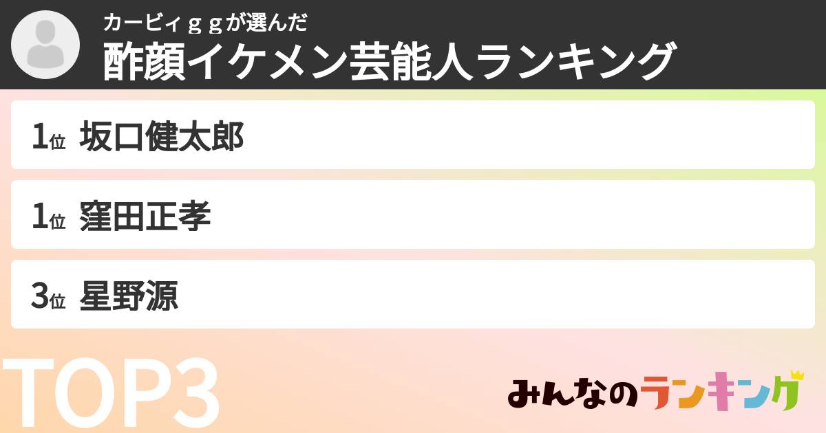 カービィggさんの「酢顔イケメン芸能人ランキング」