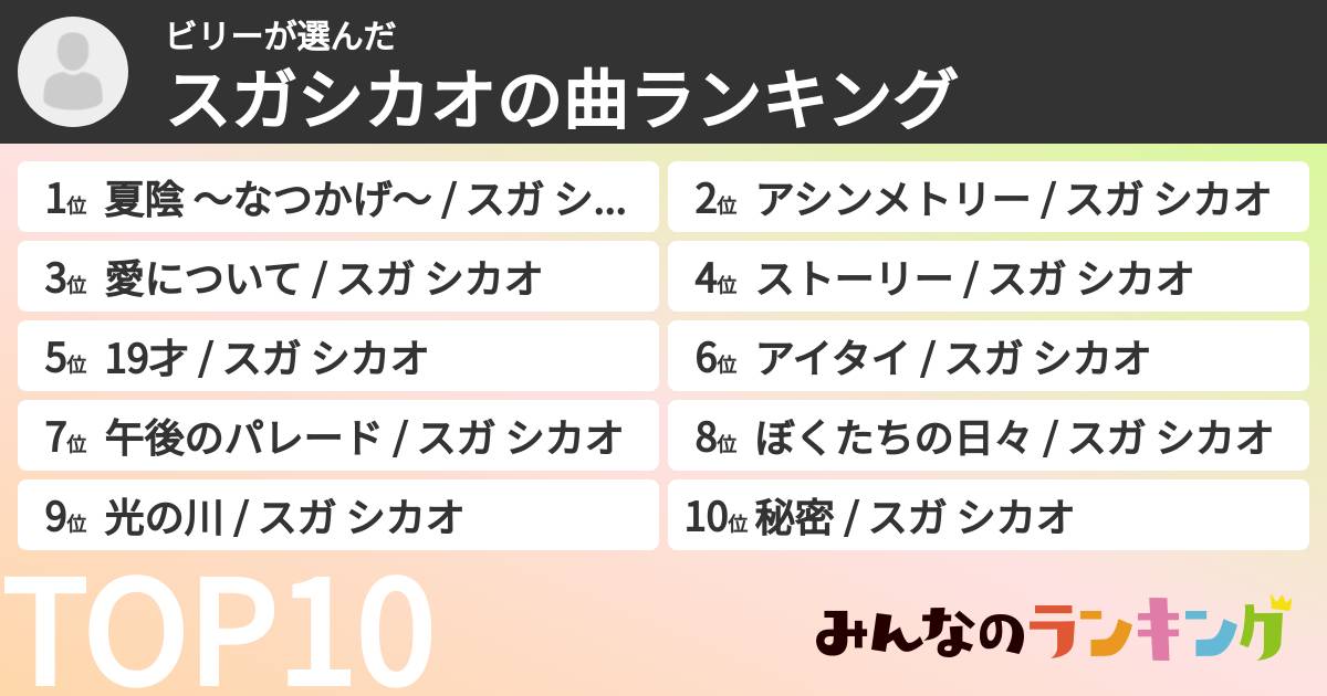 ビリーさんの「スガシカオの曲ランキング」