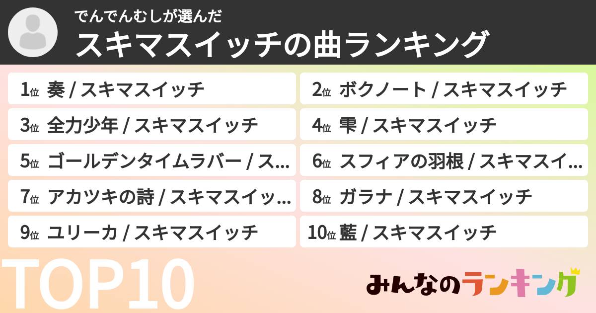 でんでんむしさんの「スキマスイッチの曲ランキング」