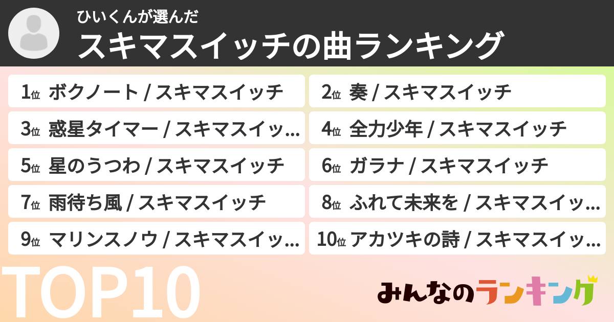 ひいくんさんの「スキマスイッチの曲ランキング」