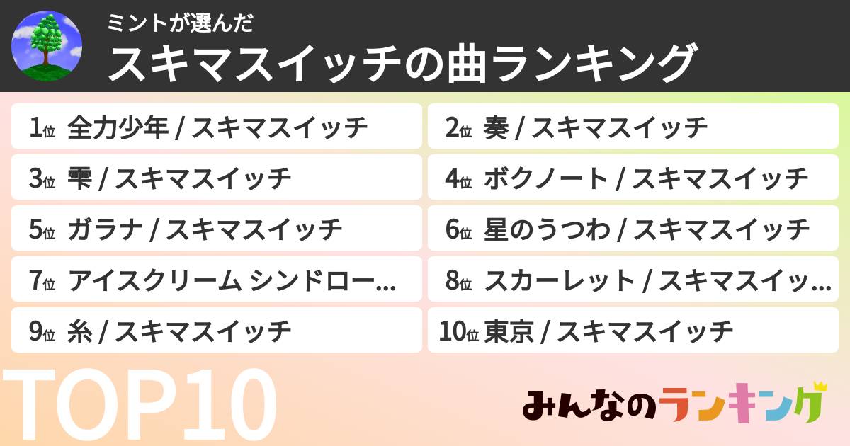 ミントさんの「スキマスイッチの曲ランキング」