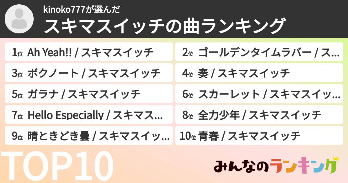 kinoko777さんの「スキマスイッチの曲ランキング」