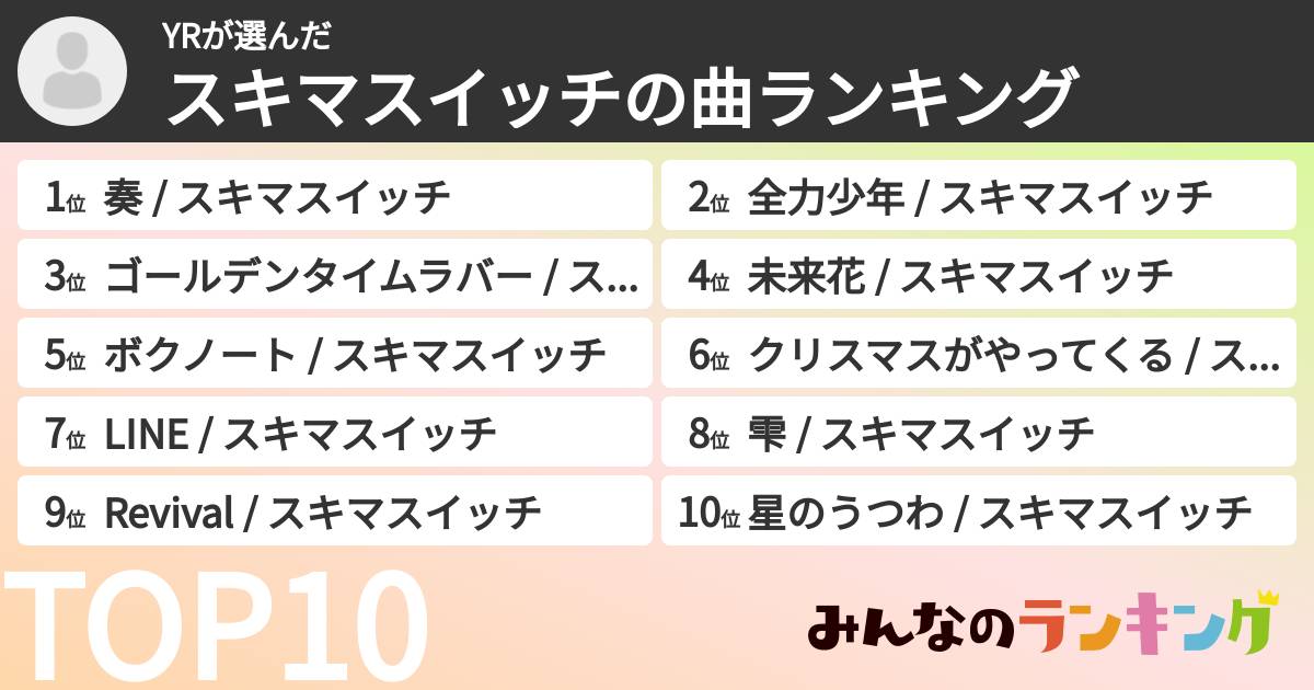 YRさんの「スキマスイッチの曲ランキング」