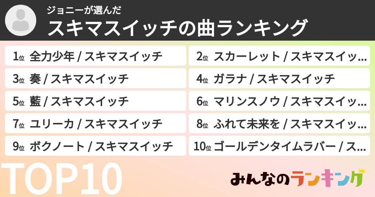 ジョニーさんの「スキマスイッチの曲ランキング」