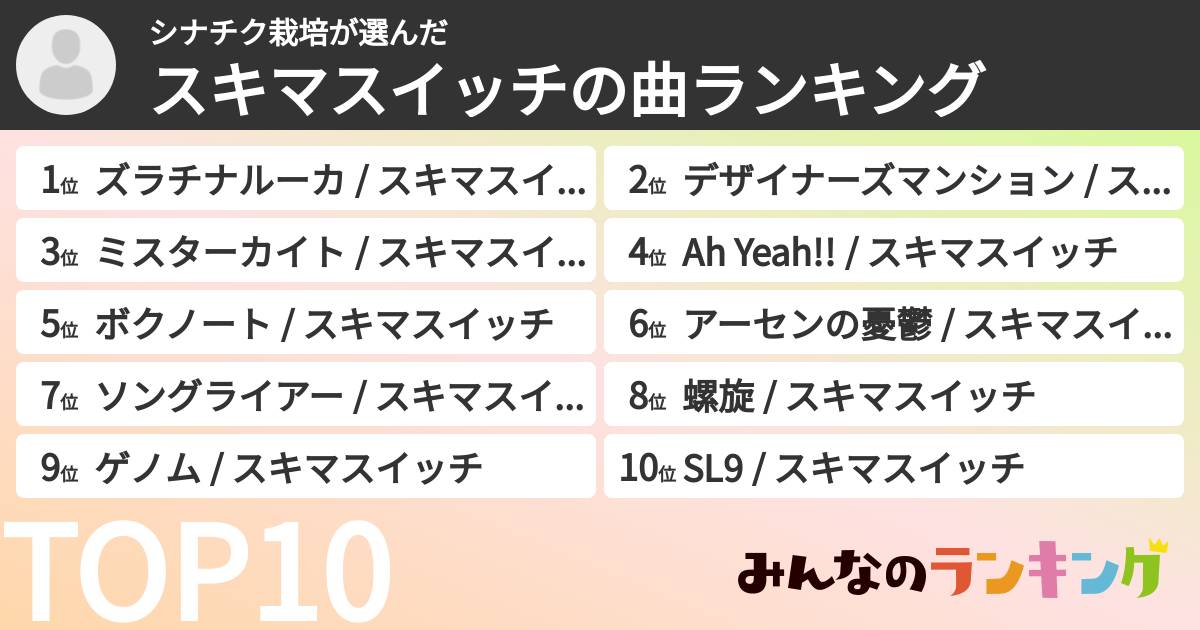 シナチク栽培さんの「スキマスイッチの曲ランキング」