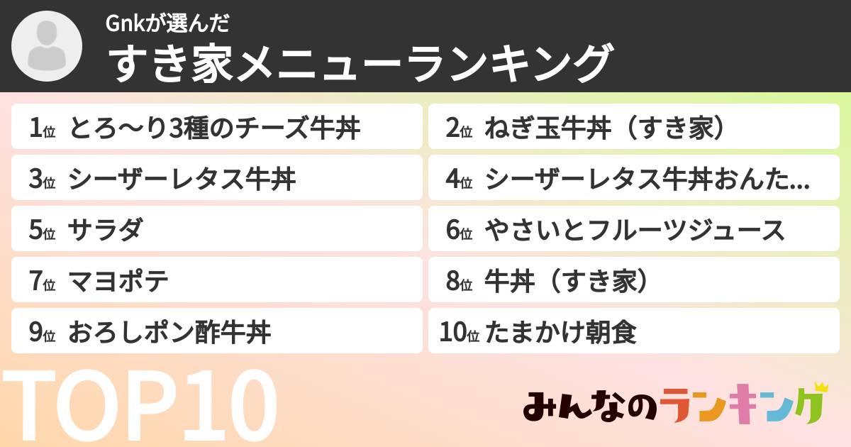 Gnkさんの「すき家メニューランキング」