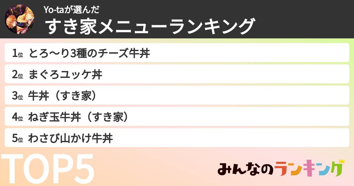 Yo-taさんの「すき家メニューランキング」
