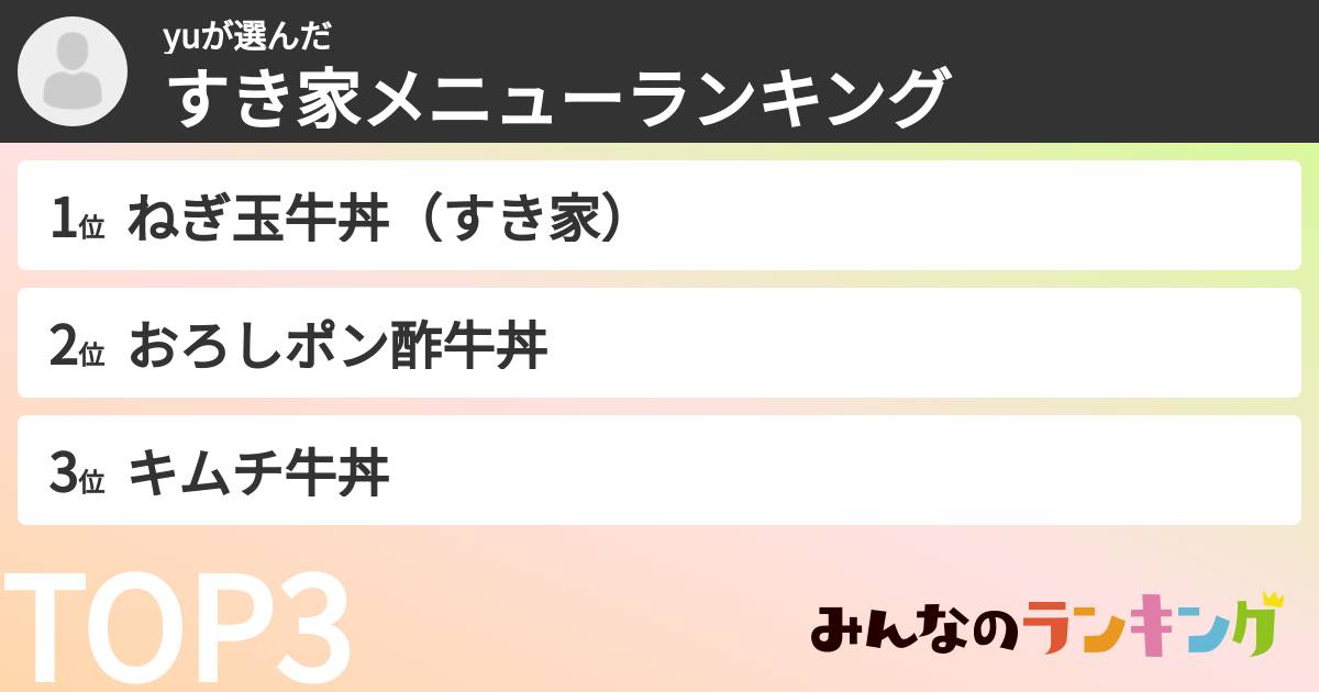 yuさんの「すき家メニューランキング」