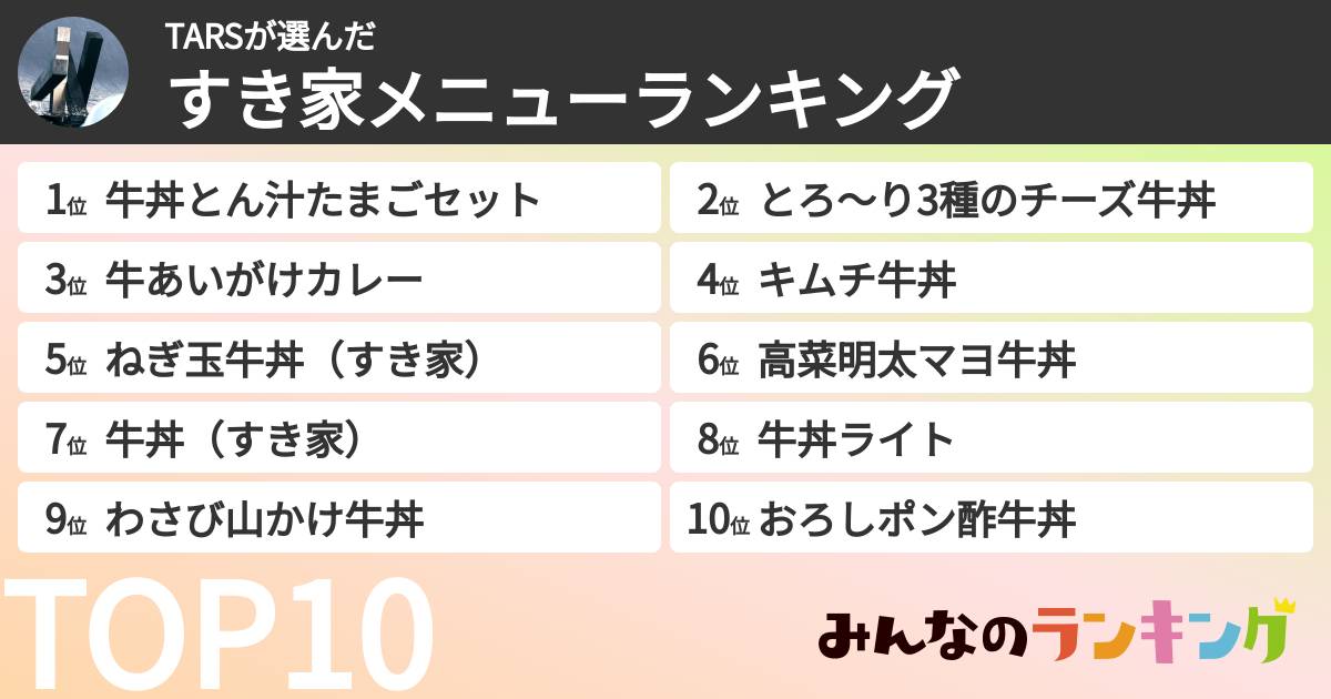 TARSさんの「すき家メニューランキング」