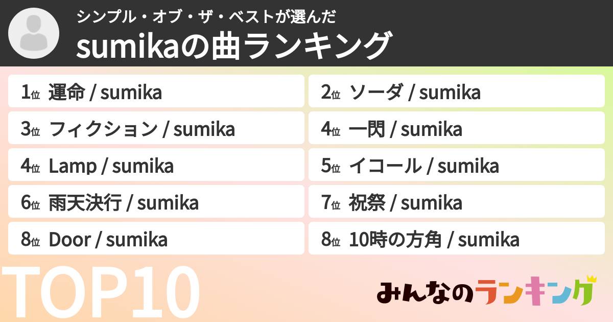 シンプル・オブ・ザ・ベストさんの「sumikaの曲ランキング」