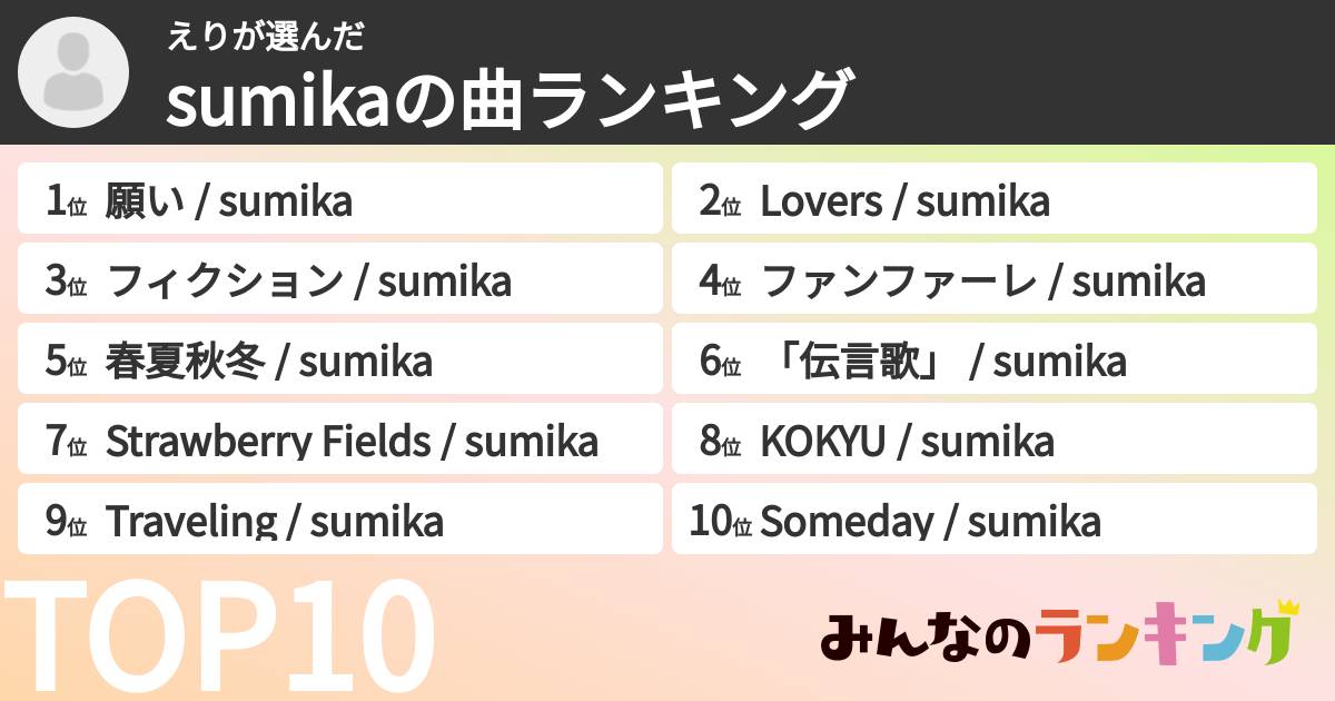 えりさんの「sumikaの曲ランキング」