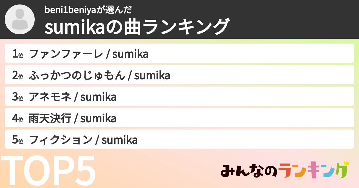 beni1beniyaさんの「sumikaの曲ランキング」