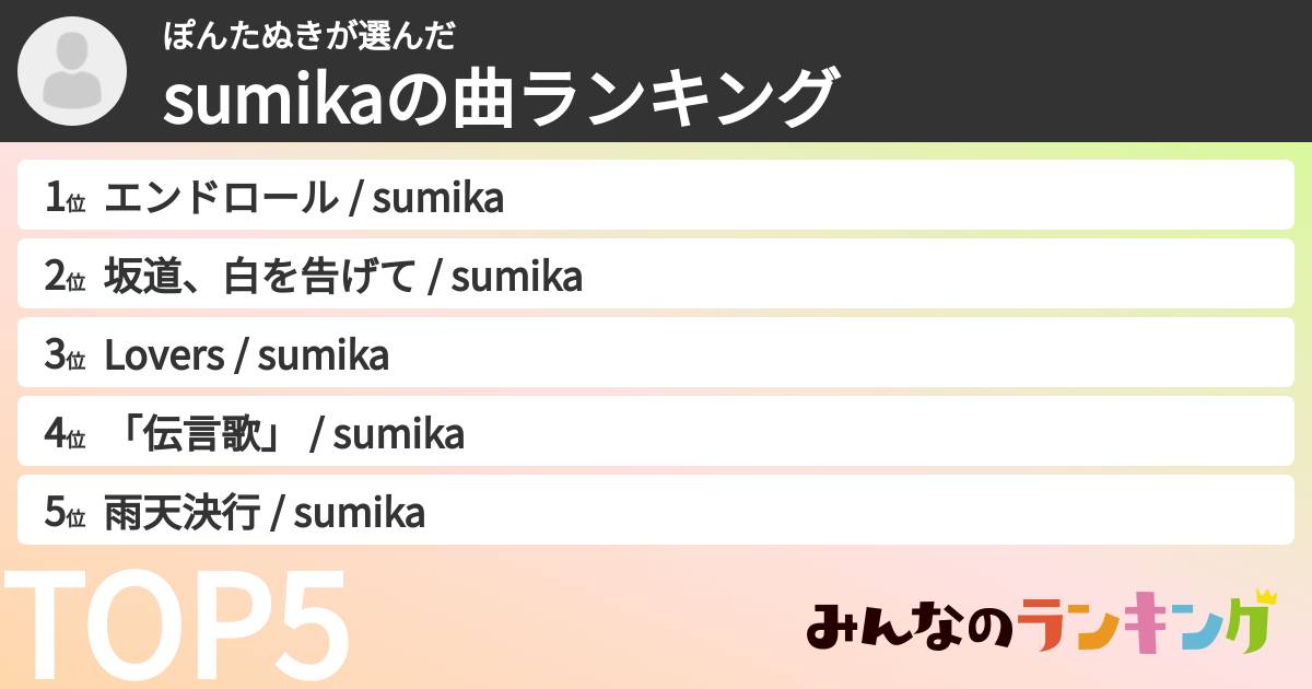 ぽんたぬきさんの「sumikaの曲ランキング」