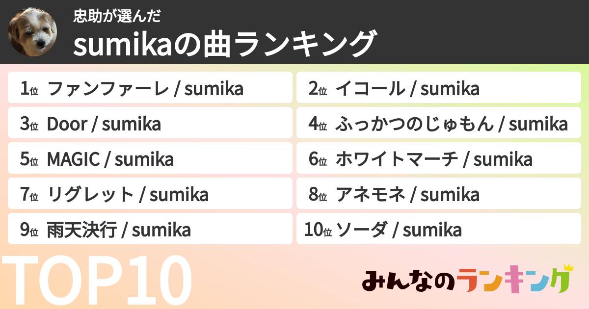忠助さんの「sumikaの曲ランキング」