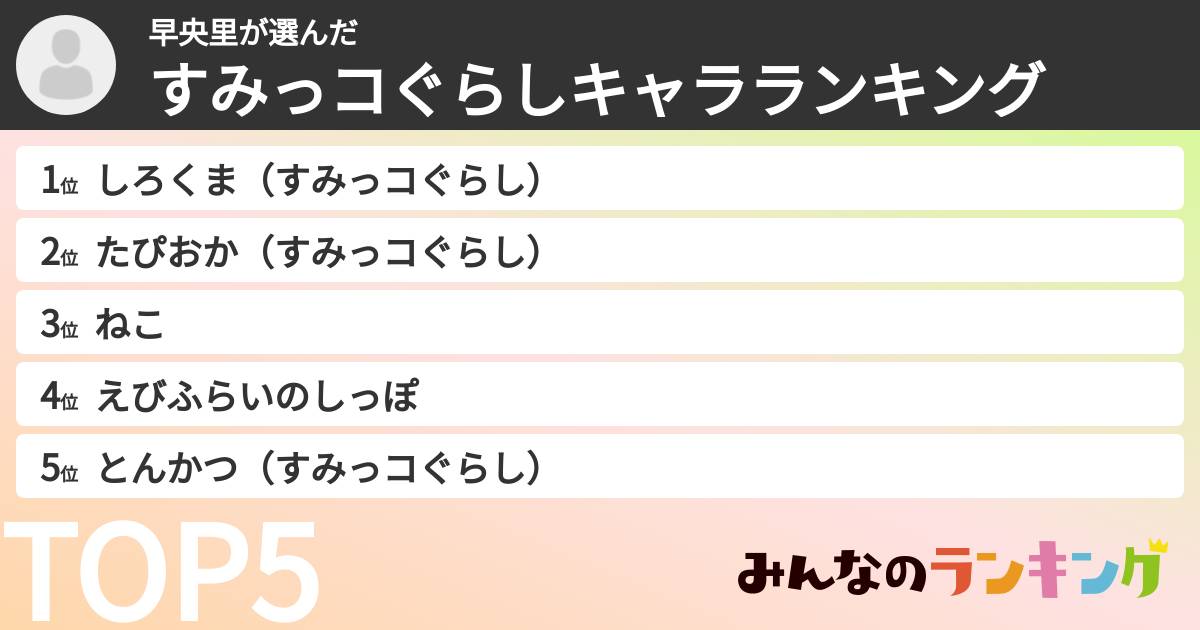 早央里さんの「すみっコぐらしキャラランキング」