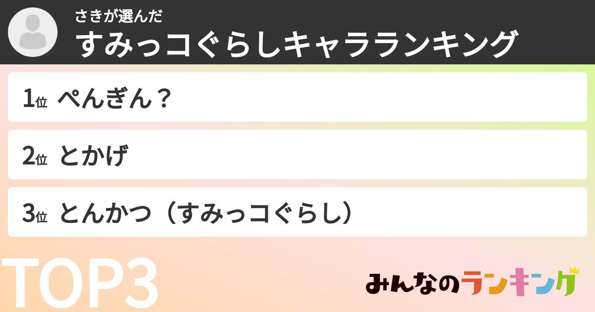 さきさんの「すみっコぐらしキャラランキング」