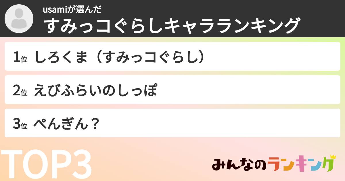 usamiさんの「すみっコぐらしキャラランキング」