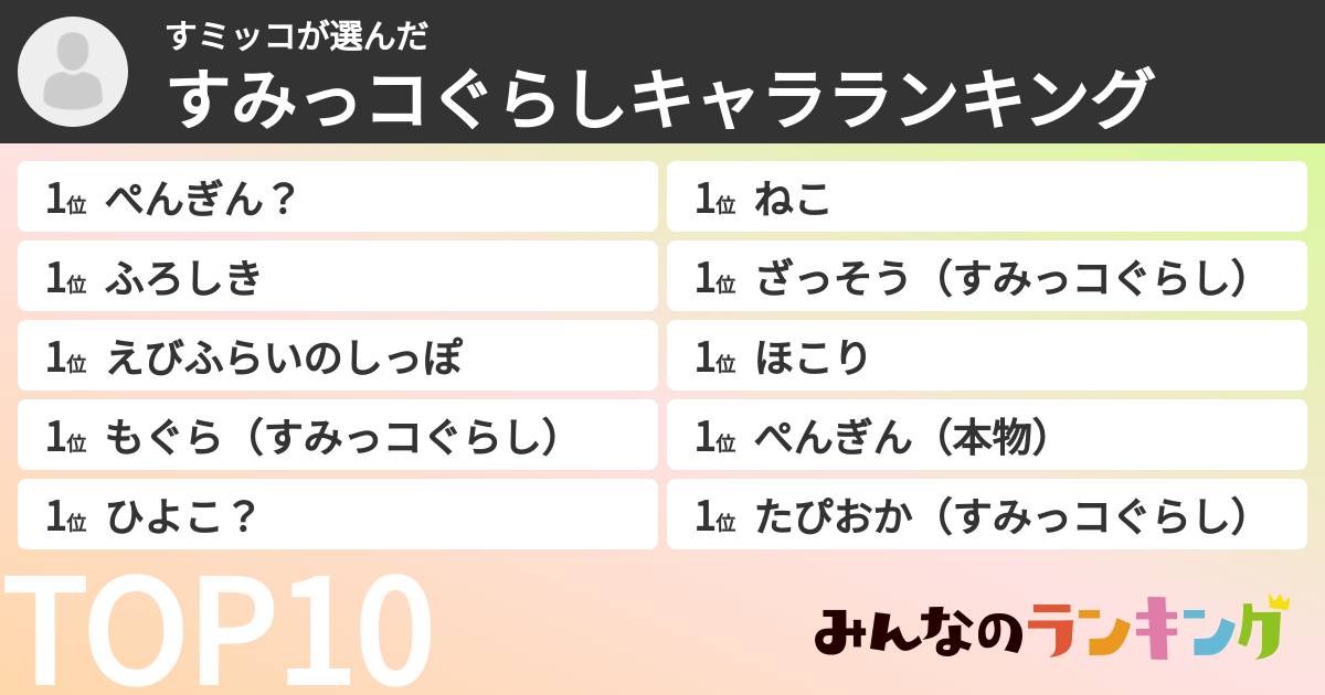 すミッコさんの「すみっコぐらしキャラランキング」