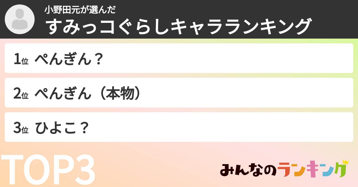 小野田元さんの「すみっコぐらしキャラランキング」