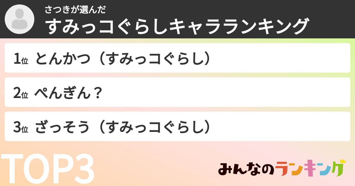 さつきさんの「すみっコぐらしキャラランキング」