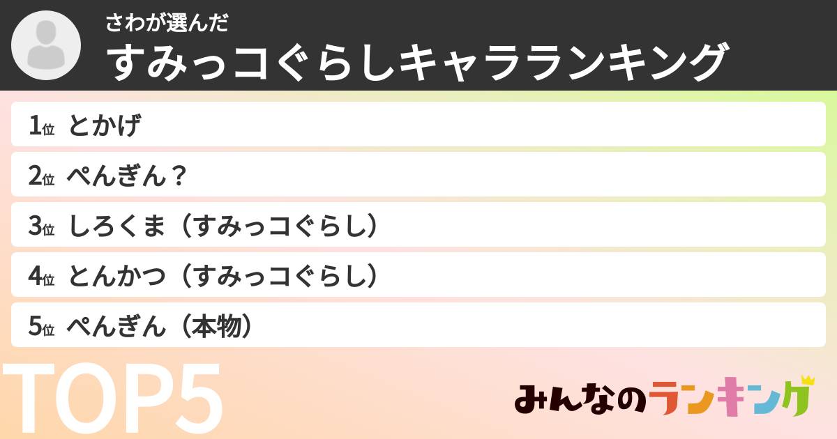 さわさんの「すみっコぐらしキャラランキング」