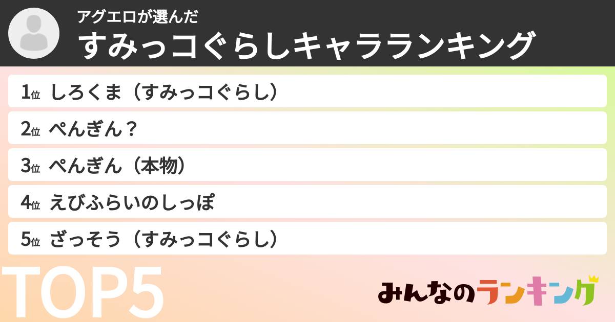 アグエロさんの「すみっコぐらしキャラランキング」