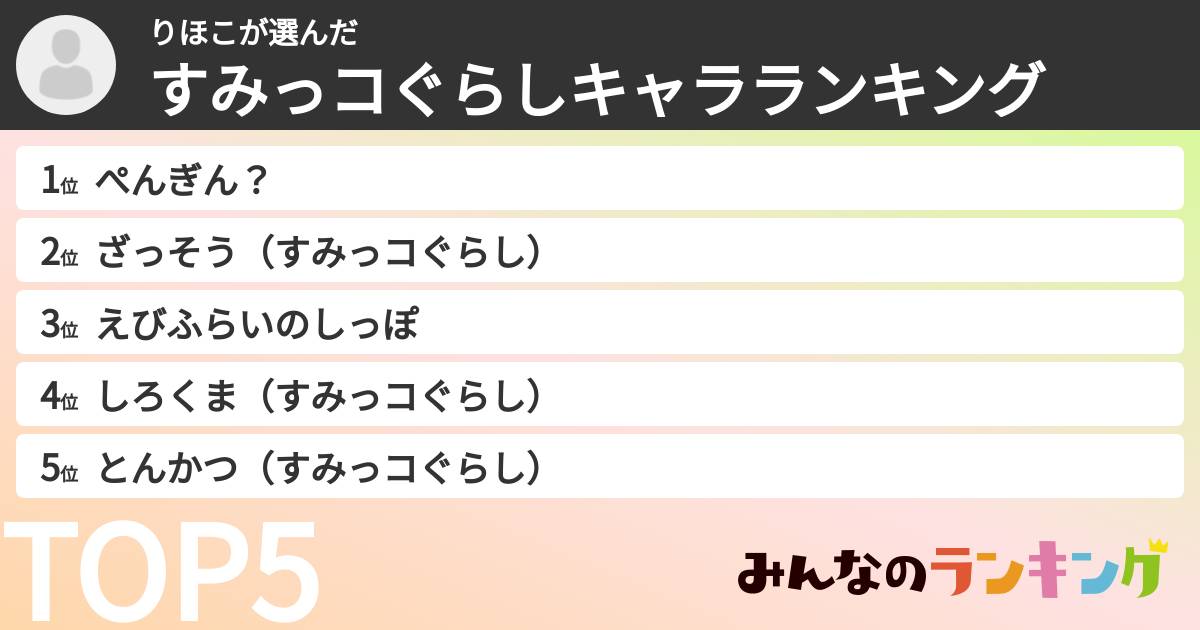 りほこさんの「すみっコぐらしキャラランキング」