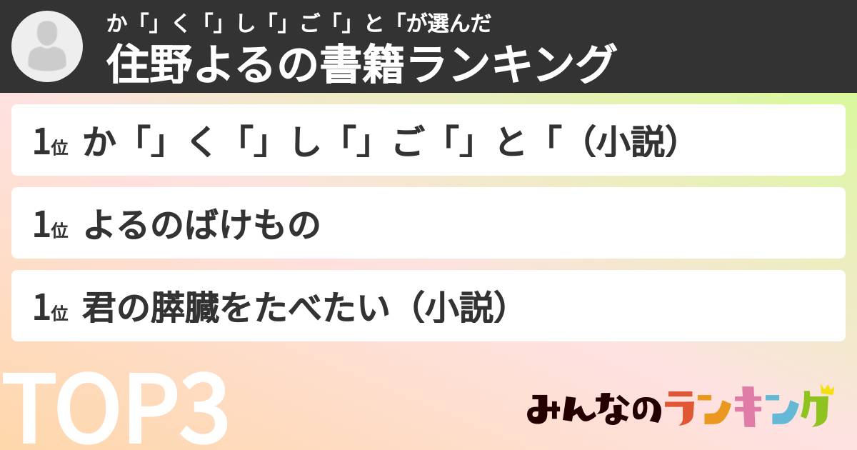 か「」く「」し「」ご「」と「さんの「住野よるの書籍ランキング」
