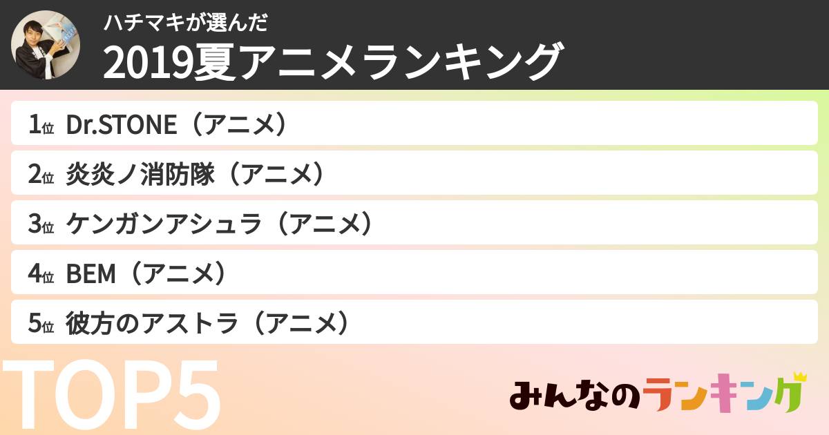 ハチマキさんの「2019夏アニメランキング」