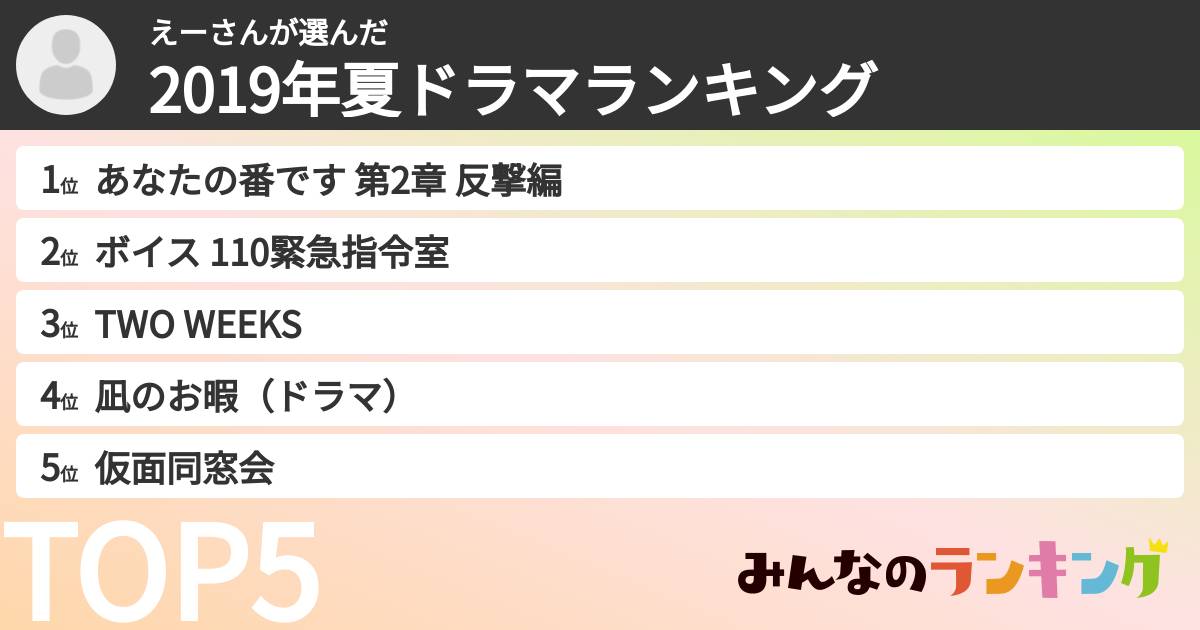えーさんさんの「2019年夏ドラマランキング」