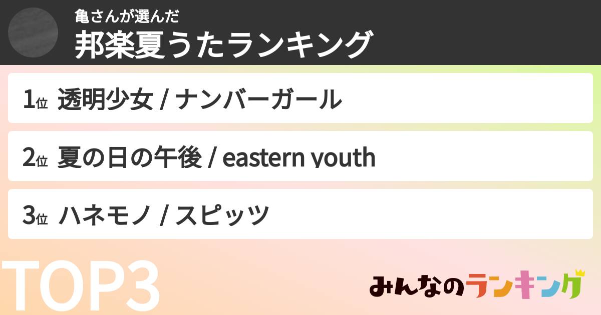 亀さんさんの「邦楽夏うたランキング」