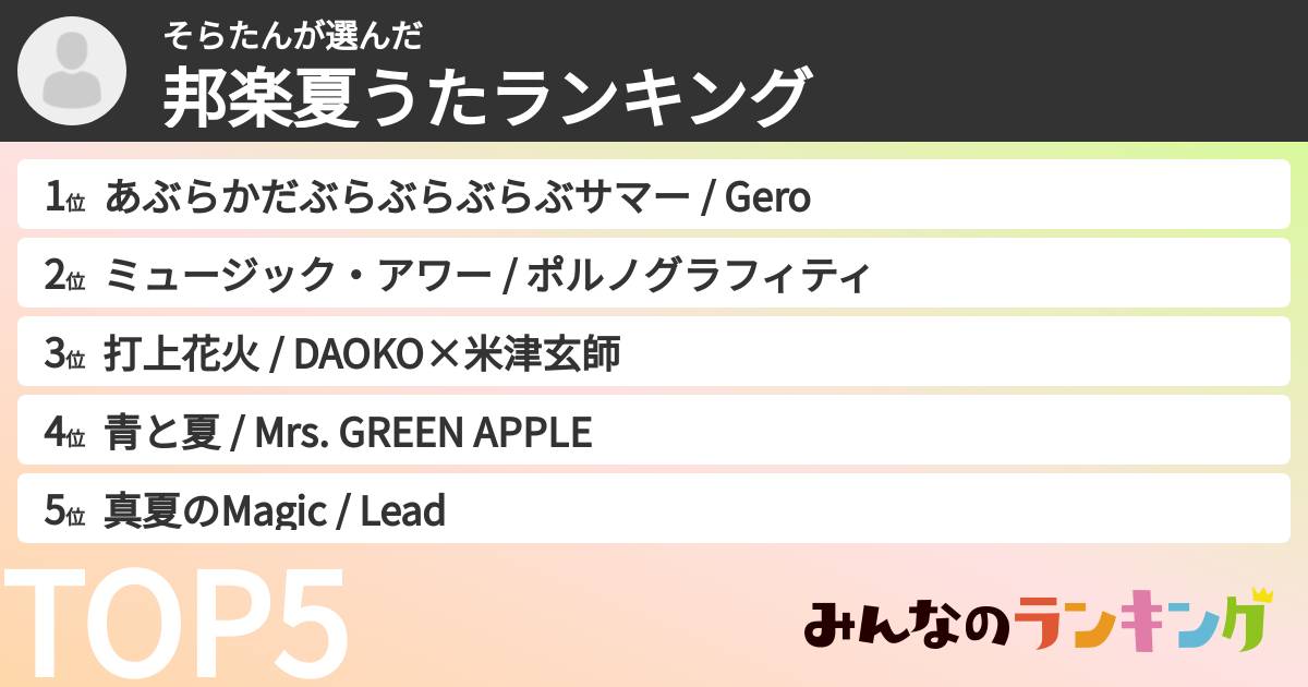 そらたんさんの「邦楽夏うたランキング」