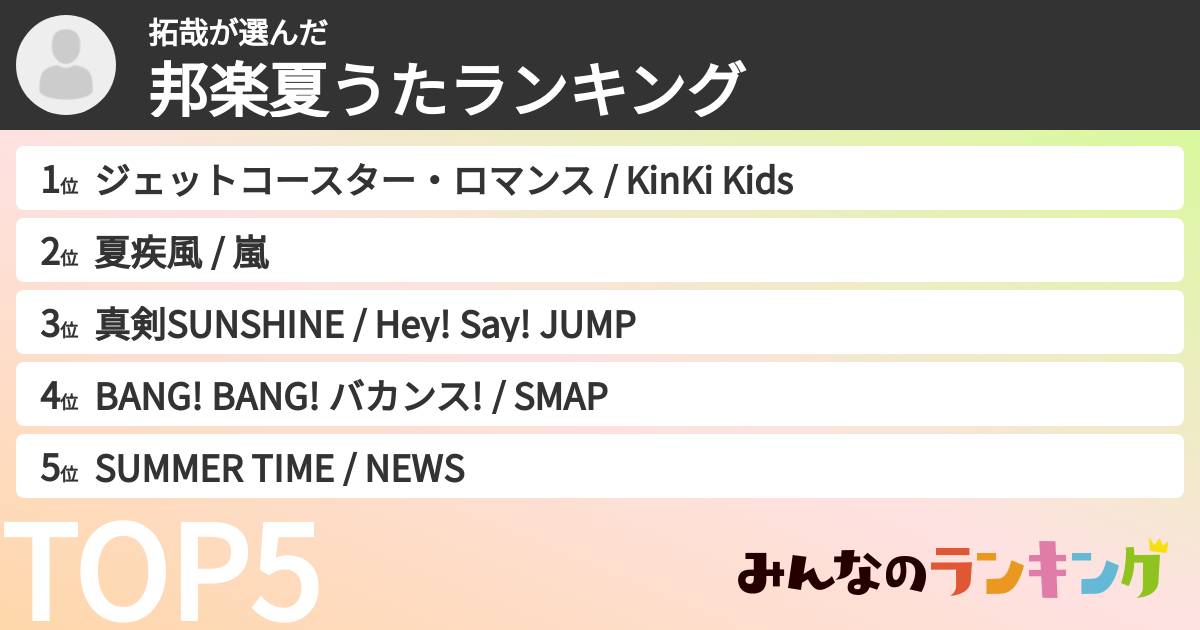 拓哉さんの「邦楽夏うたランキング」