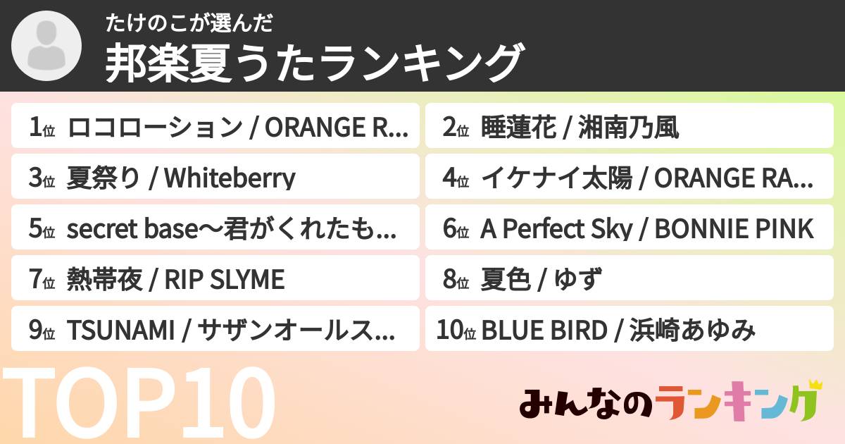 たけのこさんの「邦楽夏うたランキング」