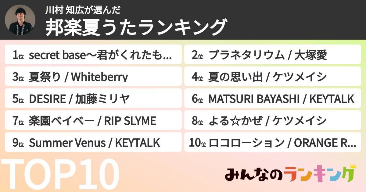 川村 知広さんの「邦楽夏うたランキング」
