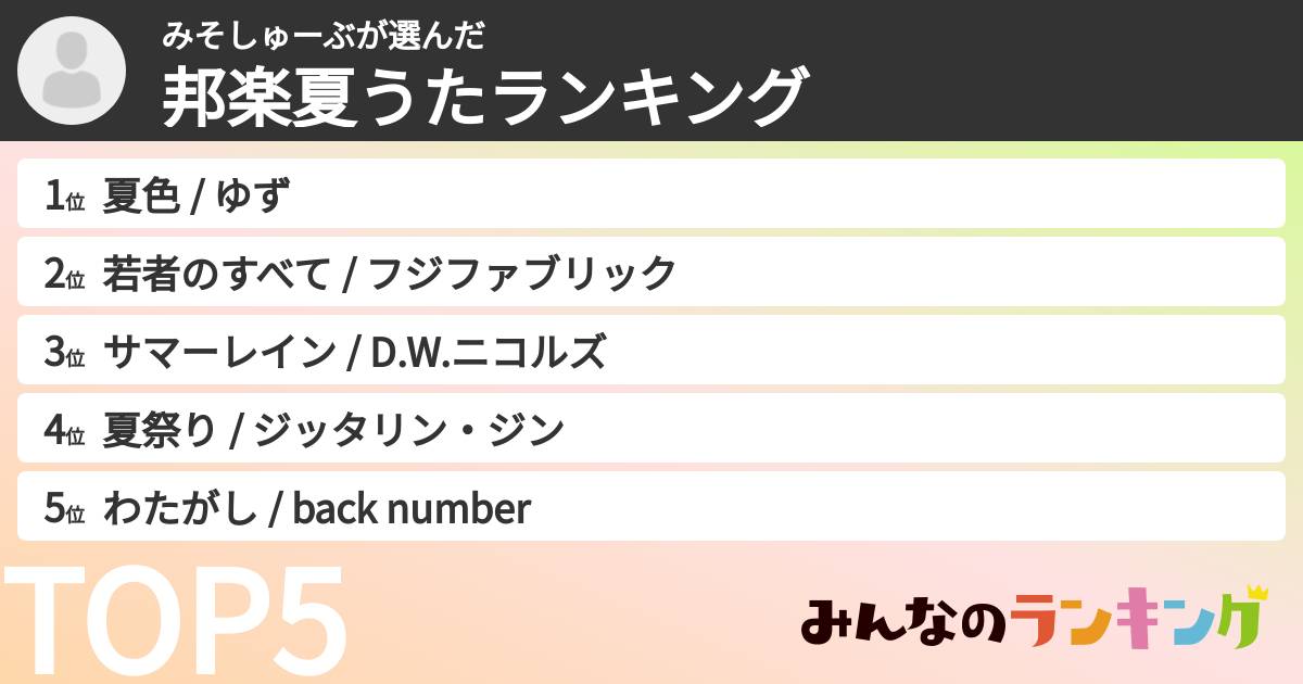 みそしゅーぶさんの「邦楽夏うたランキング」