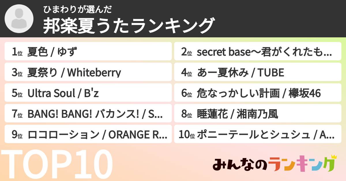 ひまわりさんの「邦楽夏うたランキング」