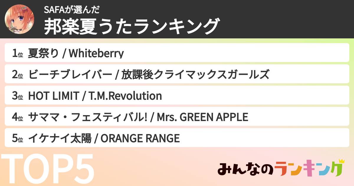 SAFAさんの「邦楽夏うたランキング」