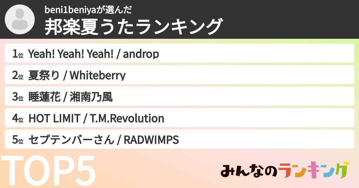 beni1beniyaさんの「邦楽夏うたランキング」