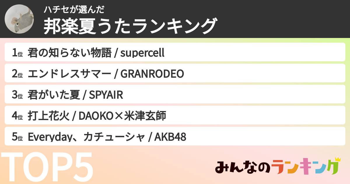 ハチセさんの「邦楽夏うたランキング」