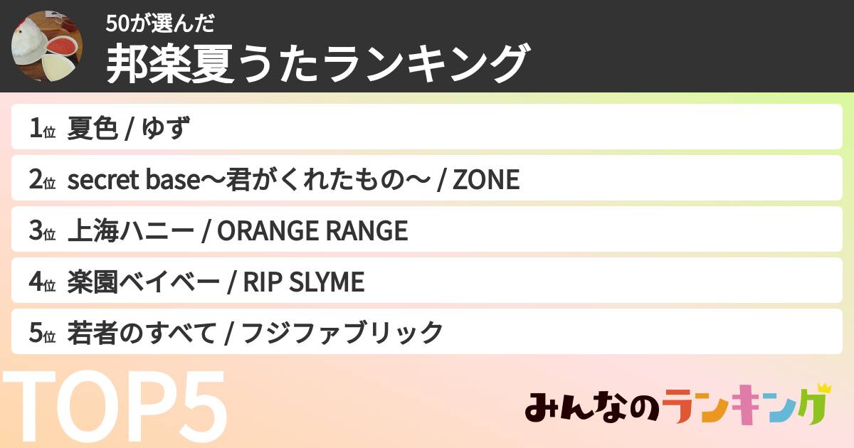50さんの「邦楽夏うたランキング」