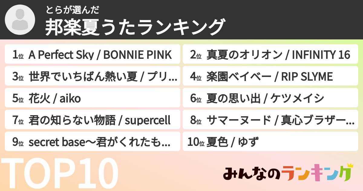 とらさんの「邦楽夏うたランキング」