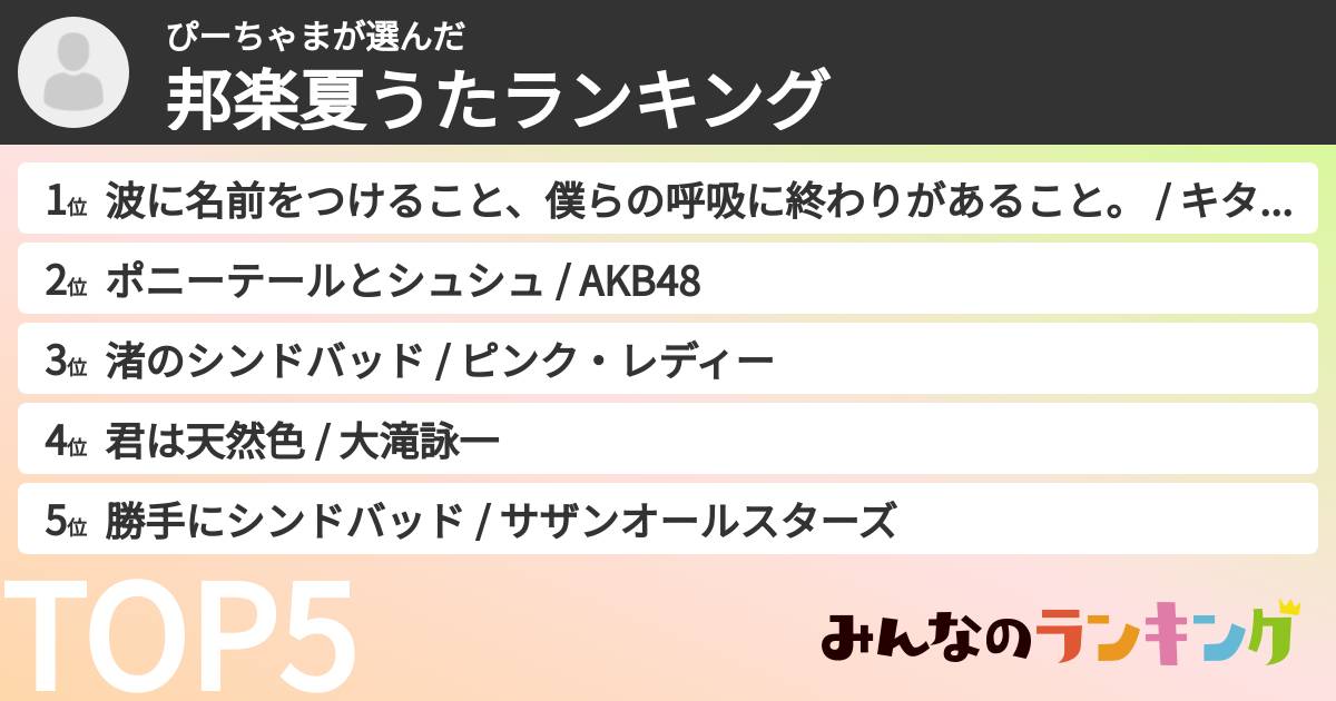 ぴーちゃまさんの「邦楽夏うたランキング」
