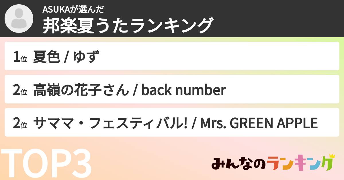 ASUKAさんの「邦楽夏うたランキング」