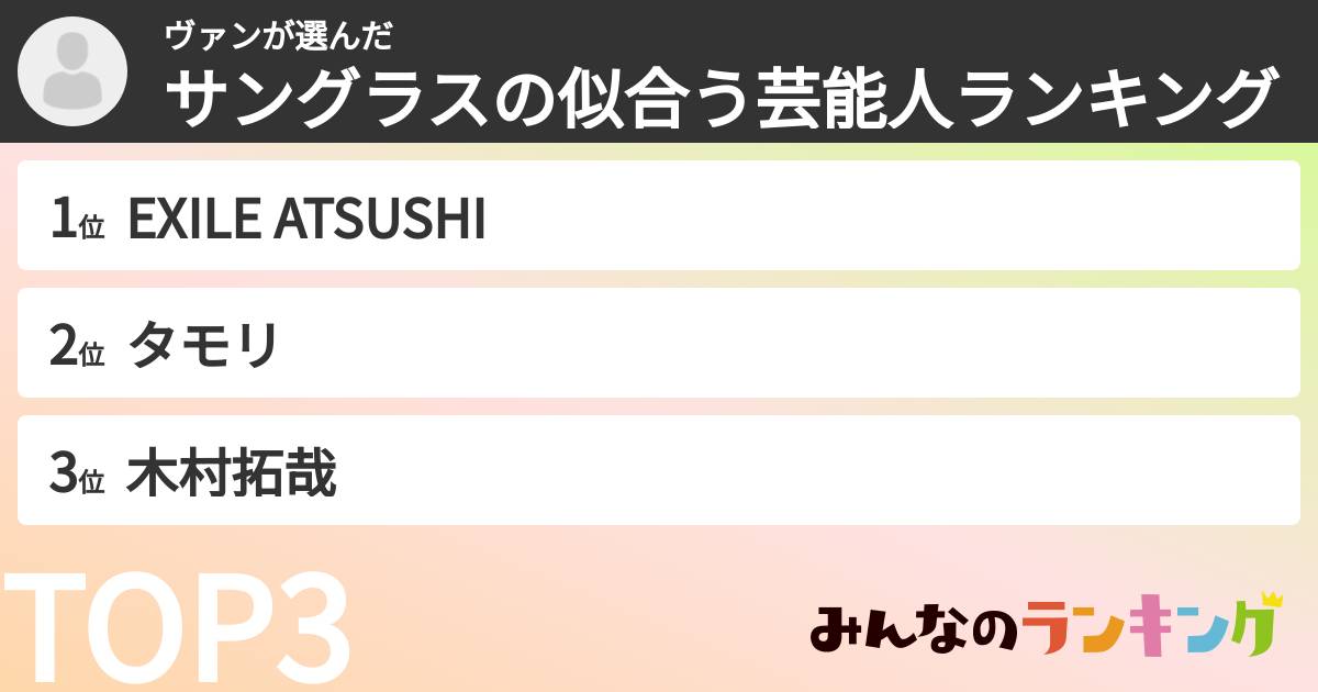 ヴァンさんの「サングラスの似合う芸能人ランキング」