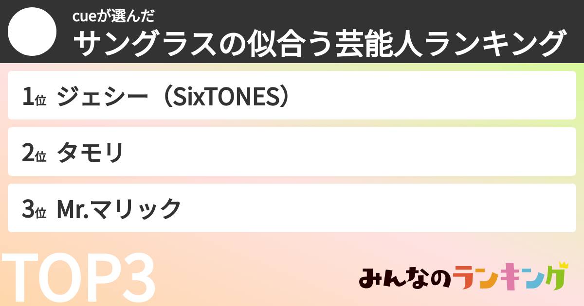 cueさんの「サングラスの似合う芸能人ランキング」
